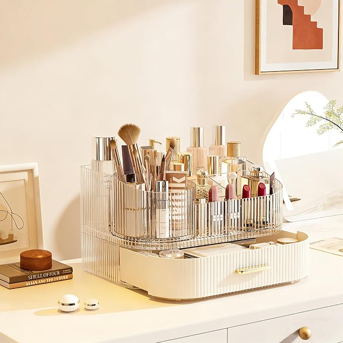 Makeup Organizer with 360° Rotating Brush Holder and Stackable Drawers, Cosmetic Display Case for Vanity, Bathroom Countertop (White, 2 Layer) - Image 3