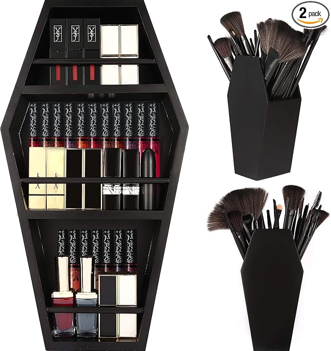 nanayo Makeup Coffin Shelf And Brush Holder – 3 Shelf Makeup Holder for Gothic Decor – Free Standing or Wall Hanging Organizer Spooky Coffin Decor for Bedroom or Bathroom by nanayo