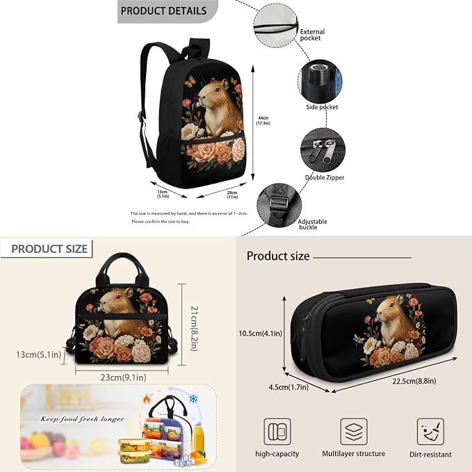 Capybara Flowers 3 Pieces Kids Backpack Set Children Bookbag with Lunch Bag and Pencil Case School Bags for Elementary Middle High School Student - Image 7