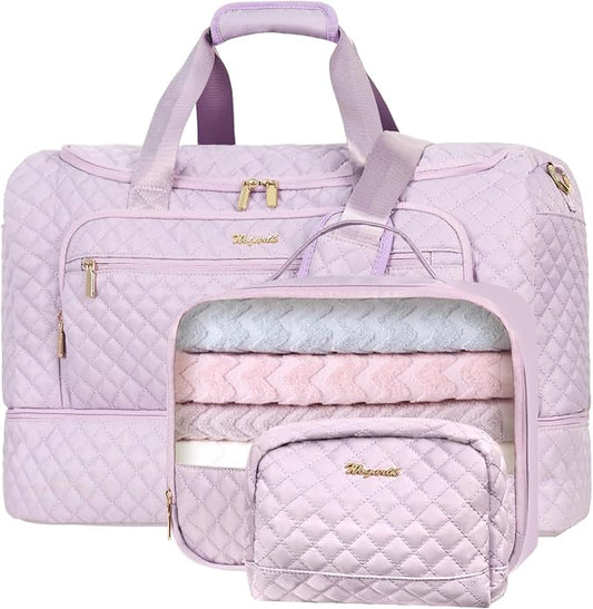 Wogarl 3PCS Weekender Bags for Women Large Overnight Bag Weekend Travel Duffel Bag Carry on Shoulder with Shoe Compartment Canvas Toiletry Bag for Travel Business Gym,Pastel Pink by Wogarl