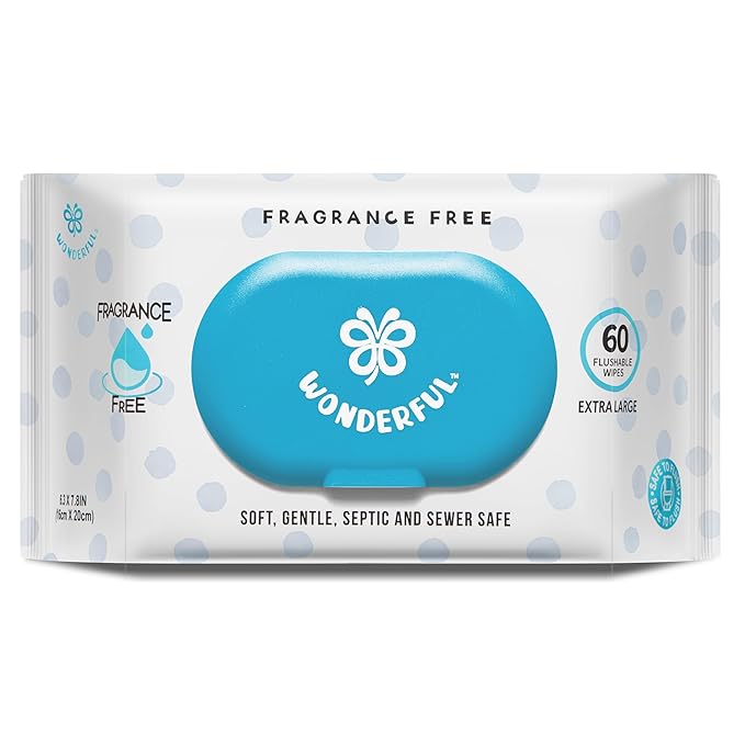 WONDERFUL Flushable Butt Wipes, Unscented 100% Plant-Based Wet Wipes for Adults & Kids, Sewer & Septic Safe, Gentle on Sensitive Skin, Wipes Flushable Pack for Bathroom & Travel, 1-Pack (60 Wipes)