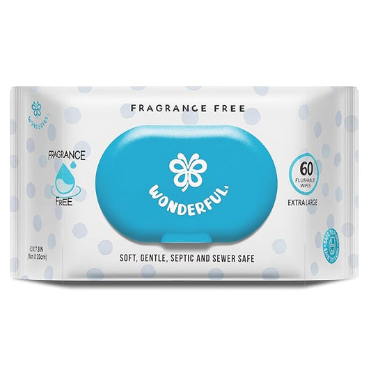 WONDERFUL Flushable Butt Wipes, Unscented 100% Plant-Based Wet Wipes for Adults & Kids, Sewer & Septic Safe, Gentle on Sensitive Skin, Wipes Flushable Pack for Bathroom & Travel, 1-Pack (60 Wipes)