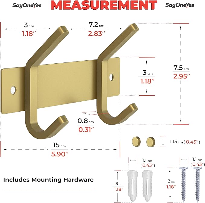 Brushed Gold Small Coat Rack Wall Mount – 6 Inch Stainless Steel Rail with 2 Double Coat Hooks for Entryway, Bathroom, Bedroom, Kitchen – Modern Gold Hook Rack for Coats, Hats, Towels - 2 Pack - Image 2