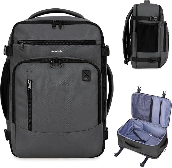 ECOHUB 19" Large Travel Backpack, Carry on Luggage Airline Approved, Water Resistant Rucksacks Fit 15.6" Laptop, AirTag Pocket, Lightweight Casual Daypack, 34L, Dark Grey by ECOHUB