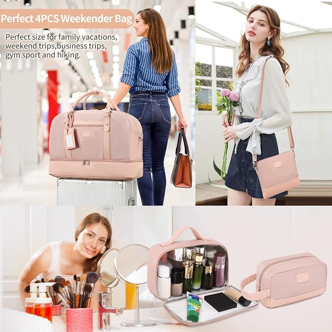 Wogarl 4PCS Weekender Bags for Women Large Overnight Weekend Travel Duffel Carry on Shoulder with Shoe Compartment Canvas Toiletry Bag for Travel Business Gym - Image 2