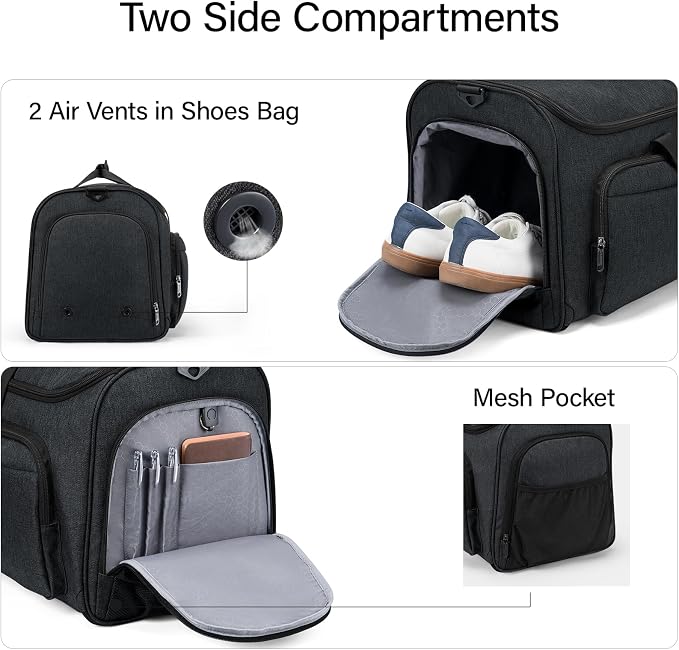 Hanke 2 In 1 Carry On Garment Duffle Bag with Shoe Compartment, Black | 55L Large Capacity with Multi-Pockets & Shoulder Strap, Wrinkle-Free, Water-Resistant, Portable Weekender for Business - Image 4