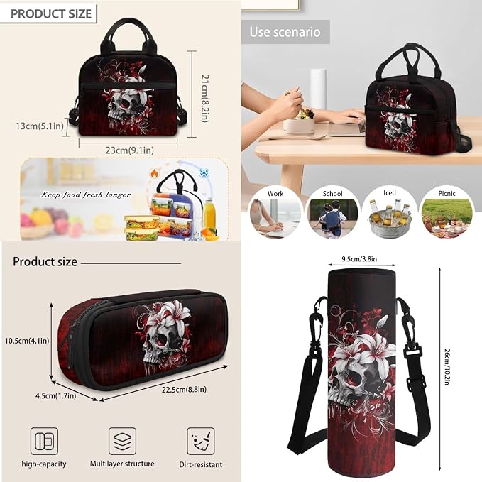 Gothic Skull Lily Flower Red School Bag for Student Laptop Backpack Casual Travel Backpacks Kids Boys Girls Schoolbag Bookbag Insulated Lunch Book Pencil Bags Purses for Men Women - Image 6