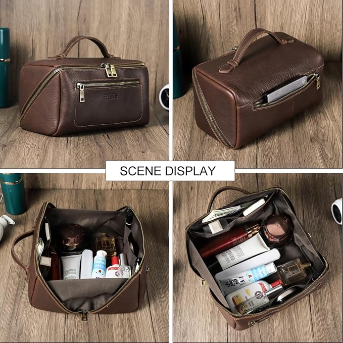 CONTACTS Full Grain Leather Travel Toiletry Bag for Men Large Wash Bag with Handle Bathroom Shaving Dopp Kit Toiletries Organizer Vintage Cosmetic Bag - Image 6