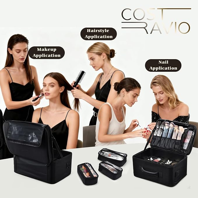 Costravio Makeup Bag Organizer Large Makeup Case Backpack Professional 2 Layers Cosmetic Storage Organizer Brush Slot with 3 Clear Set Bags for Makeup Artists with Shoulder Strap Adjustable Dividers - Image 3