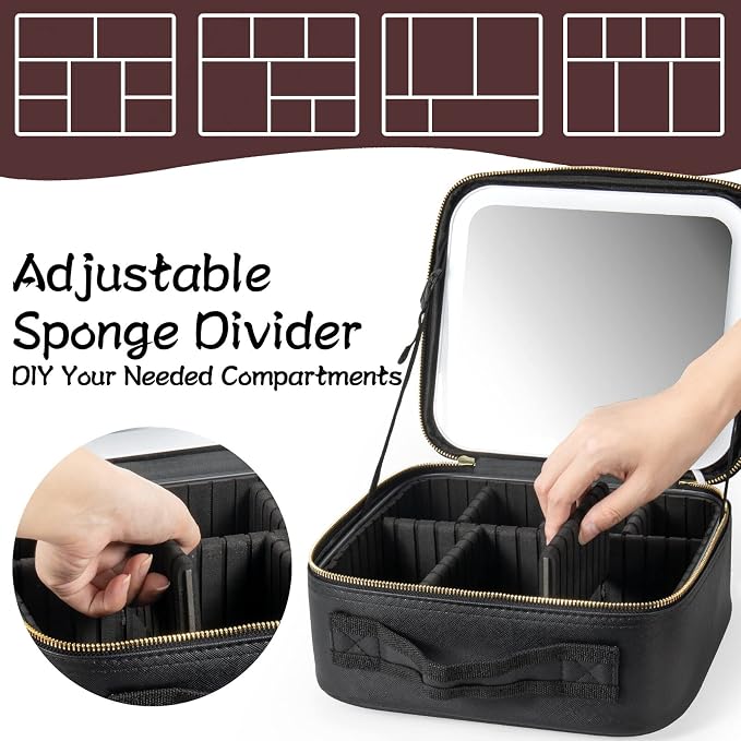 Extrei Gent Makeup Travel Train Case with Mirror LED Light 3 Adjustable Brightness Large Cosmetic Bag Portable Storage Adjustable Partition Waterproof Makeup Brushes Make up Jewelry Gift for Women - Image 3