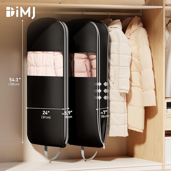 DIMJ 3 Pack 43" Garment Bags for Hanging Clothes - Space Saving Compression Suit Bag Travel with Handles Window, Washable Carry Clothing Storage Cover for Dress, Coats, Down Jacket, Shirts - Image 2