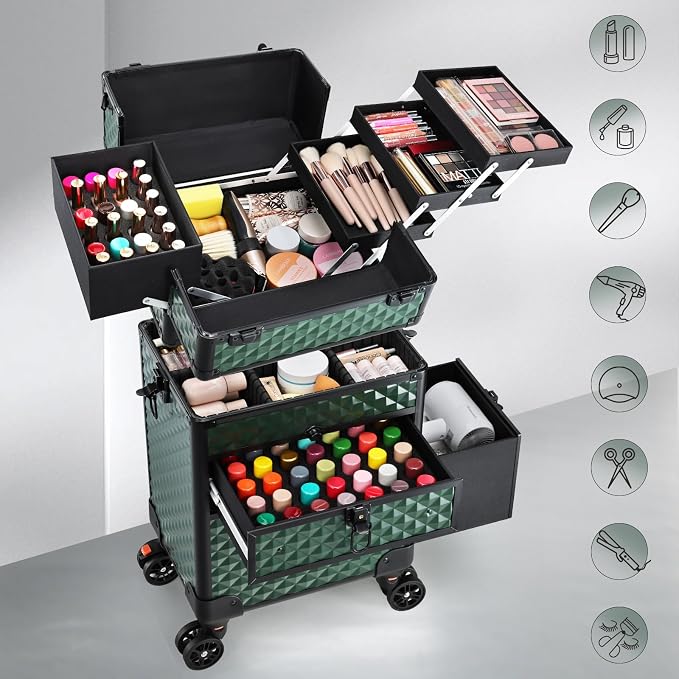 Joligrace Rolling Makeup Case with Drawers - Tattoo Storage Organizer Travel Cart for Nail Tech, Cosmetology, Barber Tools - Portable Suitcase on Wheels Dark Green - Image 3