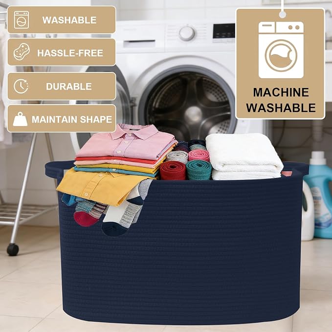 65L Collapsible Woven Rope Laundry Basket with Handles,Navy | 21x16x12 Foldable Rectangular Blanket Basket for Toys, Clothes & Pillows,Ideal for Nursery, Bathroom, Bedroom, Living Room - Image 7