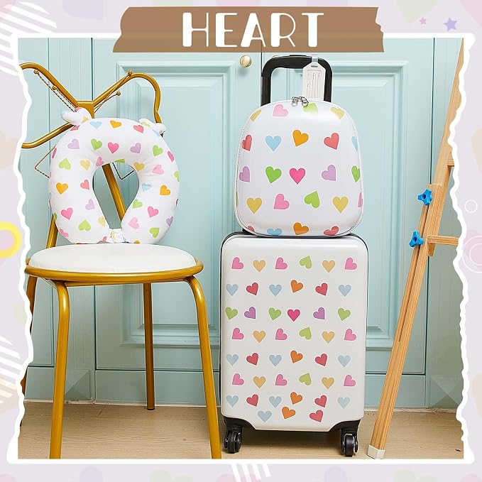 Sanwuta 4 Pcs Kids Luggage Set Back to School Gifts for Girls Boys Carry On Rolling Suitcase Backpack Neck Pillow Travel Set(20 Inch,Heart Style,White) - Image 9