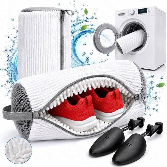 Shoe Washing Machine Bag (2 Pack), Shoe Bag for Washing Machine with Microfiber Scrub Fibers, Self-Locking Zipper Protection, 2 Adjustable Shoe Trees, Sneaker Laundry Bag for Washer and Dryer - Image 9