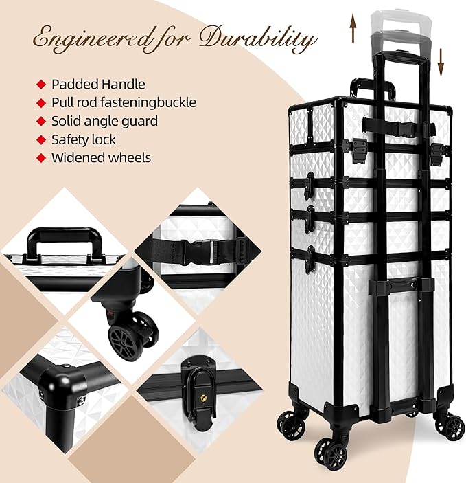 5 in 1 Rolling Makeup Train Case on Wheels Large Cosmetic Organizer Travel Cart for Women Beauty Salon Barber Hairstylist White - Image 6