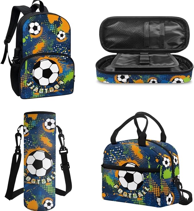 Back to School Gift 4pcs Soccer Backpack Full Set, Football Schoolbag With Insulated Lunchbag, Tote Bag, Water Bottle Carrier, Pen Bag - Casual Daypack for Travel/Hiking - Image 2
