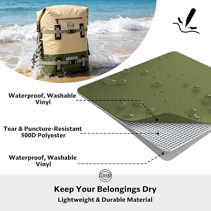 STOVER 30/40/55L Waterproof Dry Backpack & Phone Case - 2XL Floating Dry Bag for Kayaking, Travel, Hiking, Fishing, Camping, Motorcycles & Beach, Heavy-Duty Roll Top Men/Women (Tan/Army Green/Brown) - Image 3