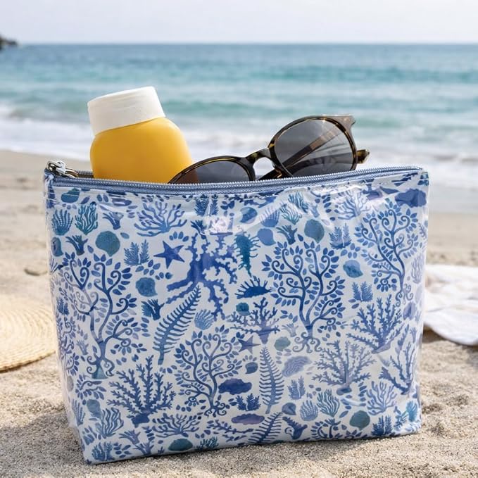 Jacaranda Living Medium Cosmetic Bag – Waterproof PVC-Lined Cosmetic & Toiletry Organizer, Zipper Pouch for Skincare, Makeup & Accessories, Blue Seashells - Image 2