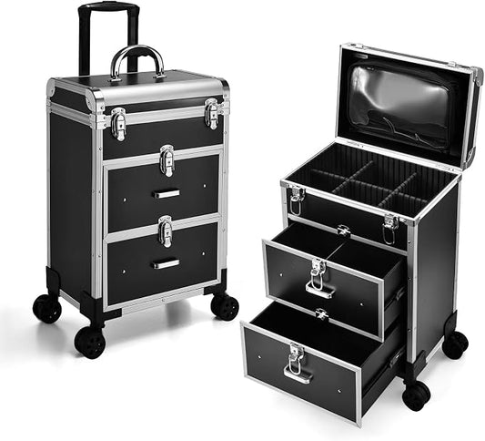 Professional Rolling Makeup Train Case with Drawers, Large Cosmetic Trolley with Locks, Cosmetics Storage Organizer Make up Case for Travel Makeup/Nail Art/Hair Styling, Matte Black by AdazzoRollingMakeupCase