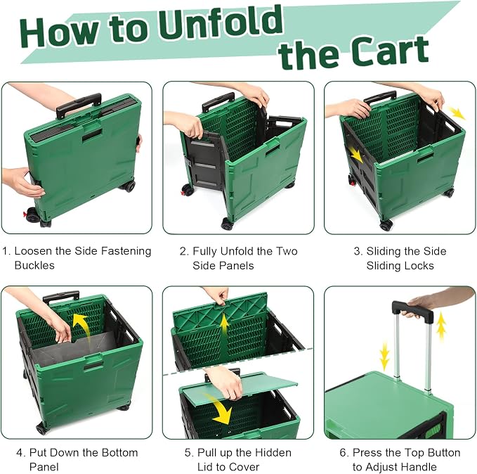 FELICON Folding Utility Cart Rolling Crate Handcart Basket-Dark Green+Black | Collapsible Hidden Lid,Plastic Box,Telescoping Handle,4 Rotate Wheels for Travel Shop Move Grocery Laundry Office Teacher Use - Image 4
