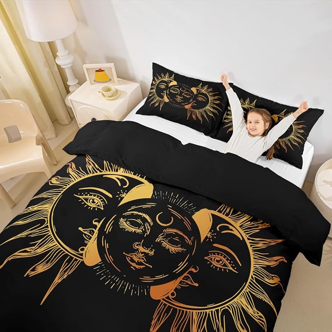 Golden Sun and Moon Comforter Cover Set Twin Size Bohemian Style Mandala Pattern 2-Pieces Hotel Luxury Soft Bedding Set Boho Exotic Theme Duvet Cover Set with Zipper Ties for Adult Women Girls Teen - Image 2