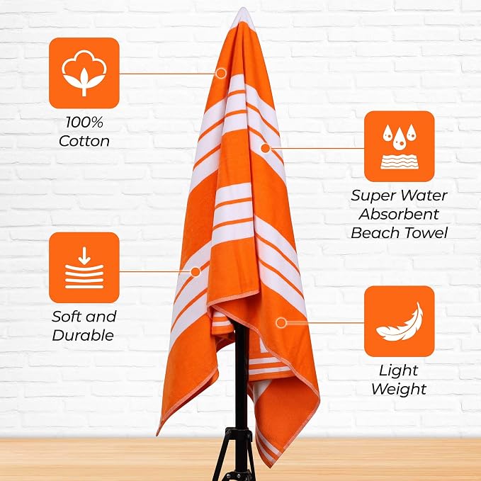 Superior Cotton Cabana Striped Beach Towels, Colorful Towels for Adult, Kid, Pool, Swimming, Sand, Travel, Large Oversized, Absorbent, Fast Drying, Bath Basics, Cabana Collection, 1 Piece, Orange - Image 3