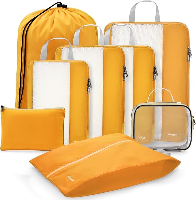 Gonex 8 Set Expandable Mesh Packing Cubes for Travel - Compression Packing Organizers with Toiletry, Laundry, Shoe & Cable Bags - Orange - Image 9