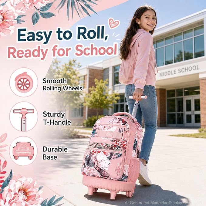 3Pcs Rolling Backpack for Girls Women, 19 Inche Adults Roller Bag with Wheels, Flower Wheeled Bookbag with Lunch Box(Pink) - Image 2