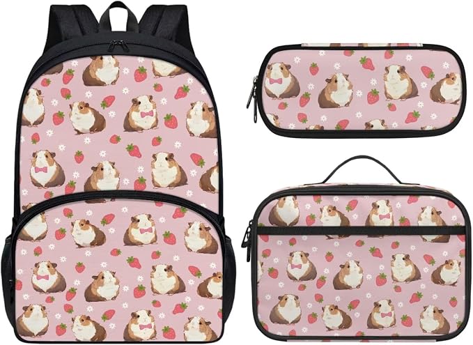 Guinea Pig Backpack for School Girl's Backpacks Set Kids Schoolbag for Girl with Lunch Bag and Pencil Case 3 in 1 Rucksack 17 Inch Casual Daypack Strawberry School Bag by Dremagia