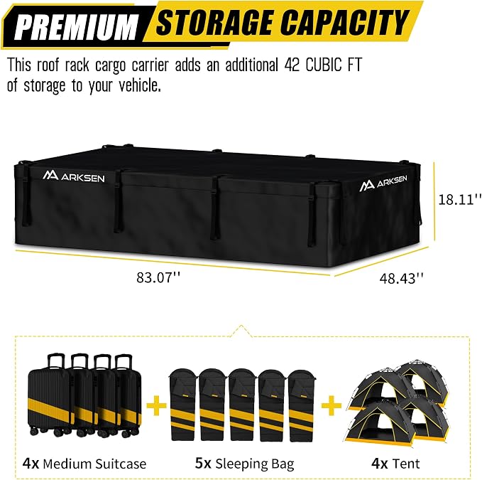 ARKSEN Extra-Wide 42 Cubic Feet Waterproof Rooftop Cargo Carrier Bag Heavy Duty Car Roof Rack Bag for Full-Size Cars w/ 8 Door Hook Straps +1 Combination Lock, 12 Reinforced Straps & Anti-Slip Mat - Image 6