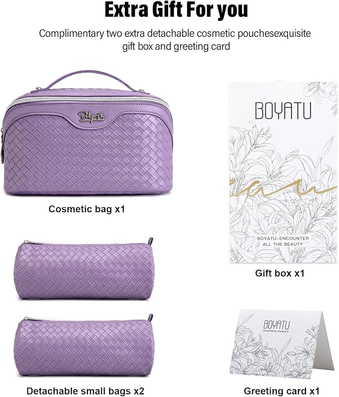BOYATU Travel Makeup Bag Cosmetic Bags for Women: Large Capacity 3 Pcs Set Make up Bag with Compartments - Waterproof Vegan Leather Toiletry Organizer Bags with Handle (L01 Purple) - Image 5
