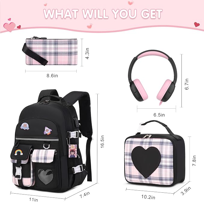ACESAK Backpack for Girls with Headphones - Girls Backpack with Lunch Box, Pencil Case & Kids Headset - 3.5mm Wired Headphones for School Bookbag Schoolbag Set Back To School Gift (Black) - Image 2