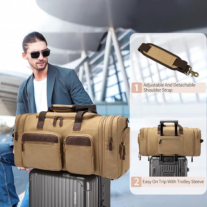 Mens Duffle Bag for Travel 60L Expandable Canvas Weekender Overnight Travel Duffel Bag with Shoe Compartment Carry-On for Airplanes Khaki - Image 5