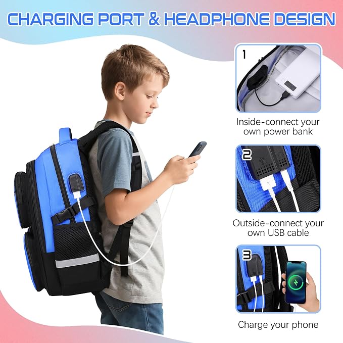 Jafeton Gamer Backpack for Boys, 3PCS Boys Backpack with Lunch Box & Pencil Pouch, Waterproof School Bags for Boy Kids Children Teens, Elementary Middle School, Kids Book Bag Casual Daypack (Blue) - Image 7