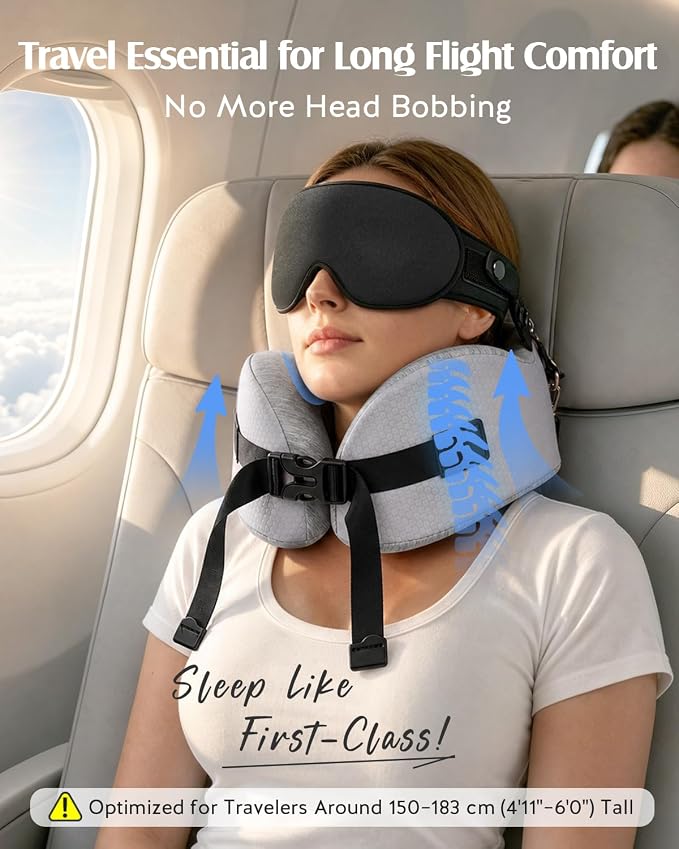 YFONG Travel Pillow for Long Flights, Patented 360° Ergonomic Sleeper Hold Head Support System with Memory Foam Neck Pillow & 3D Sleep Mask, Prevent Head Bobbing for Airplane & Road Trip, Grey - Image 2