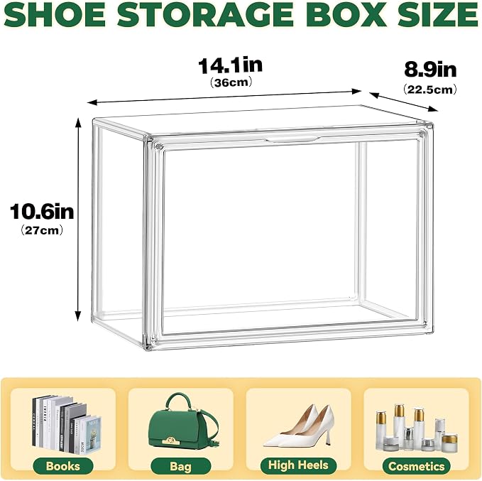 4 Pack X-Large Shoe Boxes Size 14, Clear Acrylic Handbag Storage Box Sneaker Display Case Shoes Containers with Magnetic Door Acrylic Display Case Organizer for Closet - Image 2