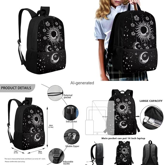 Gothic Sun Moon Stars Backpack for Girls Kids Backpack with Lunch Box Water Bottle Holder and Soft Pencil Case 4PCS Set Bookbag with Front Pocket for School 17 inch Large Capacity School Bag - Image 3