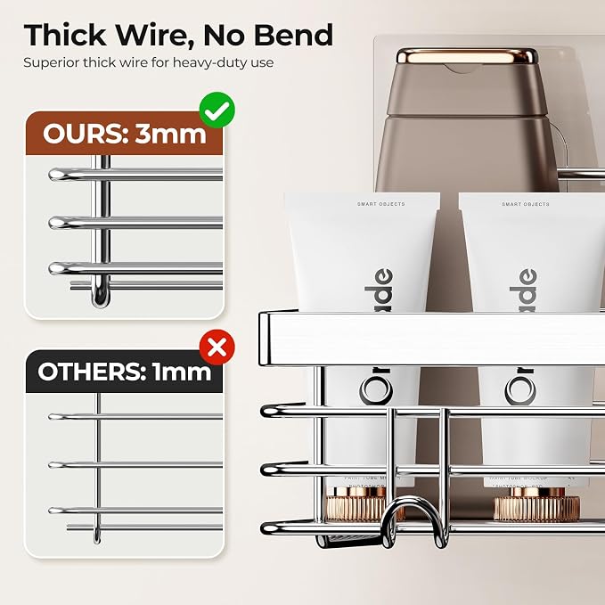 Orimade Adhesive Shower Caddy Soap Dish Holder Shelf with 5 Hooks Bathroom Organizer Basket Kitchen Storage Rack Wall Mounted No Drilling Stainless Steel - 3 Pack,Silver - Image 3