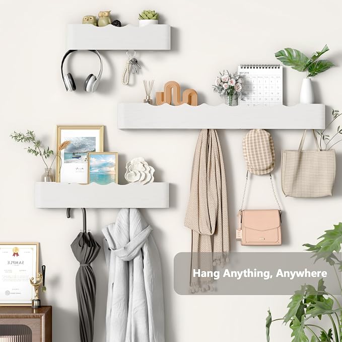 Wall Mounted Coat Rack with Shelf, Wooden Entryway Organizer with Hidden Metal Hooks for Hanging Coats Bags Keys, Modern Floating Shelf for Hallway Bathroom - Image 6