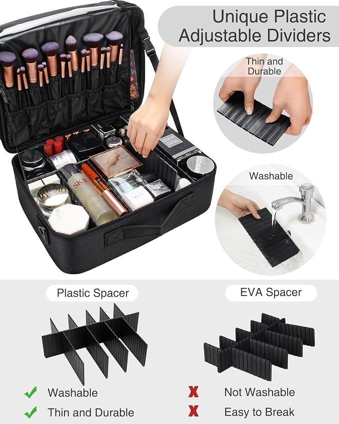 Relavel Large Makeup Organizer Profession Makeup Bag Extra Large Makeup Case with Adjustable Dividers, Adjustable Angle Fixed Belt and Shoulder Strap Plastic Dividers - Image 3