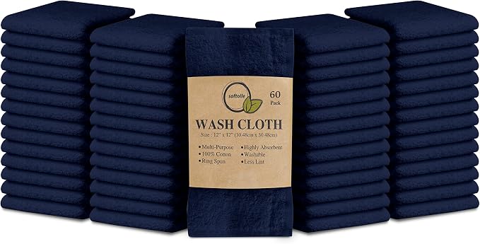 100% Cotton Washcloths 60 Pack (12x12 Inches) Soft, Highly Absorbent Washcloth, Face Towels, Wash Cloths for Face, Ring Spun, Bulk Pack (Navy Blue) by Softolle