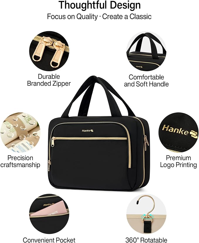Hanke Hanging Travel Toiletry Bag for Women, Water-Resistant Makeup Organizer with Hook, Cosmetic Bag for Bathroom & Travel Essentials Accessories, Black - Image 8