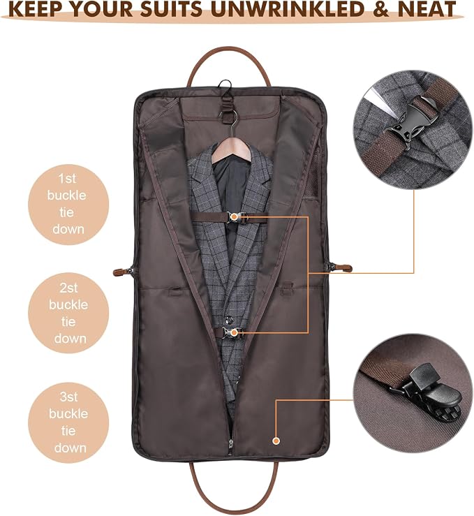 S-ZONE Carry on Garment Bag for Business Travel Canvas Leather Men Suit Cover | Leather Handle Straps, Multi-Pocket, Removable Shoulder strap, Trolley Sleeve, for Gym or Daily Use - Image 3