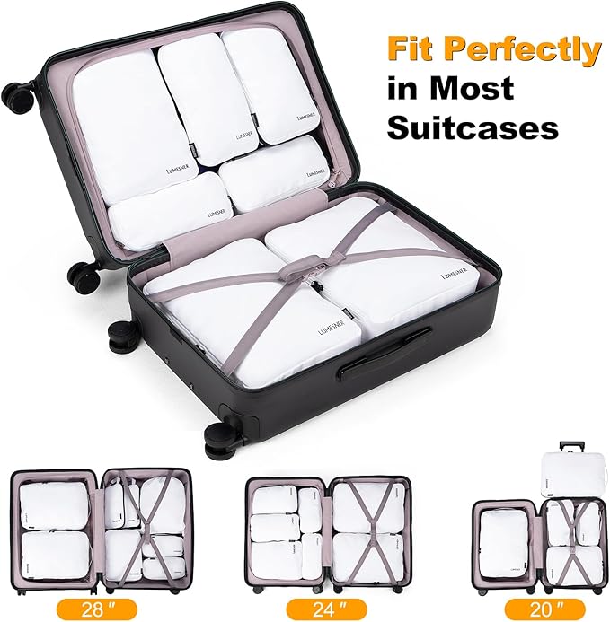 8 Set Compression Packing Cubes for Travel, Waterproof Luggage Organizers, Suitcase Organizer Set for Carry-On & Checked Baggage, Travel Accessories for Men & Women