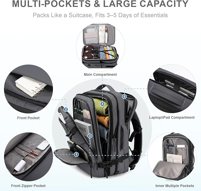 BAGOK Carry On Travel Backpack, 35L-40L Expandable Extra Large Airline Approved,Lightweight Daypack for Men and Women（Gray） - Image 3
