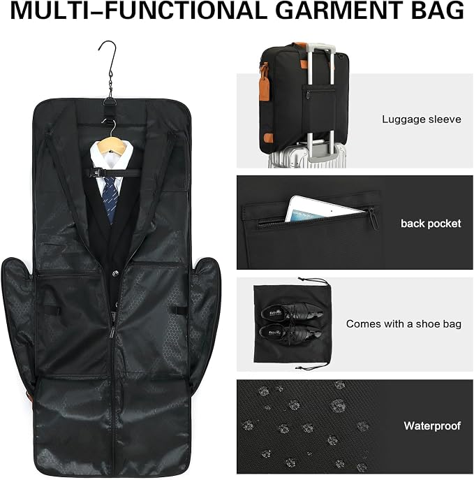 Travel Garment Bag Carry on Suit Bag for Men Women 51'' Garment Bags for Travel Business Waterproof Hanging Suitcase Luggage Bags with Shoulder Strap free shoes bag Fit 15.6Inch Laptop, Black - Image 5