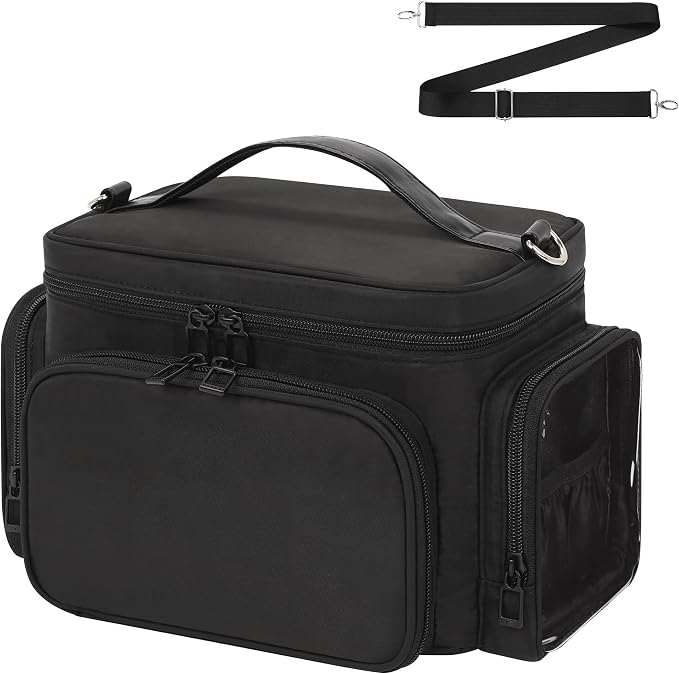 Bagmoly Makeup Bag, Portable Large Travel Makeup Bag Organizer for Women Girls with Makeup Brush Compartment, Cosmetic Travel Bag Vertical Storage Toiletry Bag - Black with Shoulder Strap - Image 9