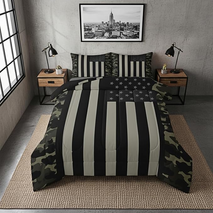 American Flag Comforter Set King Military Camo Down Comforter,Retro Army Green Camouflage USA Flag Bedding Set for Kids Boys Teens Men Bedroom,Black Grey Stars Stripes Quilt Duvet Set 2 Pillow Cases - Image 4