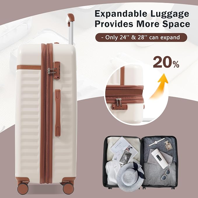 Merax 3 Piece Luggage Sets, Hardside Lightweight Carry on Suitcase | Durable Expandable Luggage with Travel Bags Spinner Wheels and TSA Lock,White and Brown - Image 5